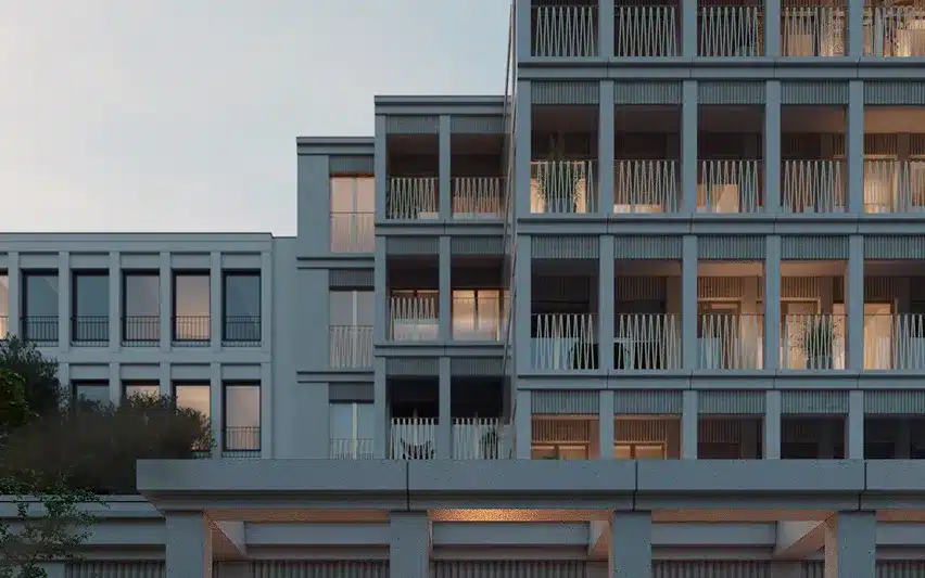 Velocity Zen – upper floors of the façade at dusk
