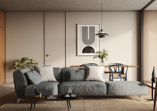 Velocity Bohemia – living room with grey sofa