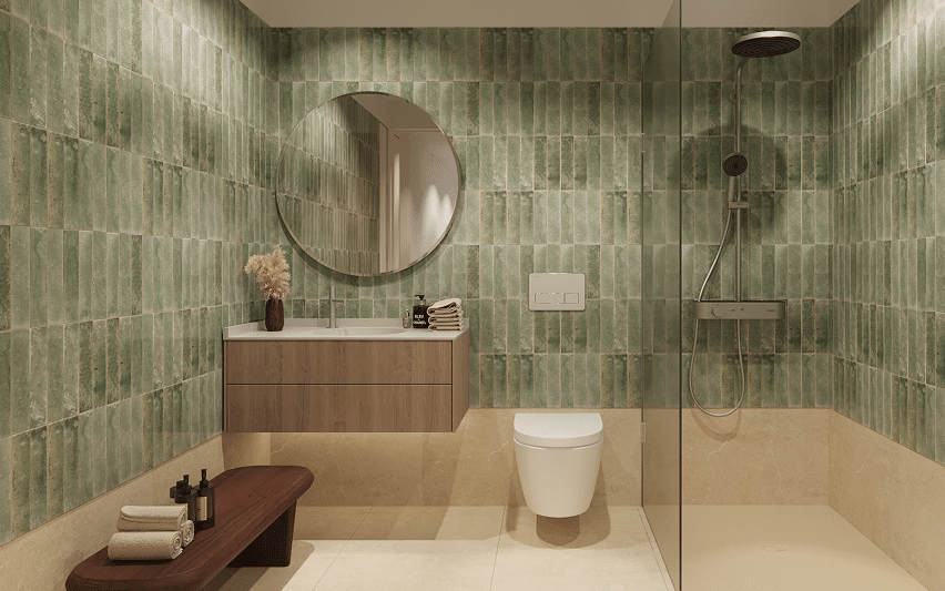 Velocity Midtown – bathroom with green tiles