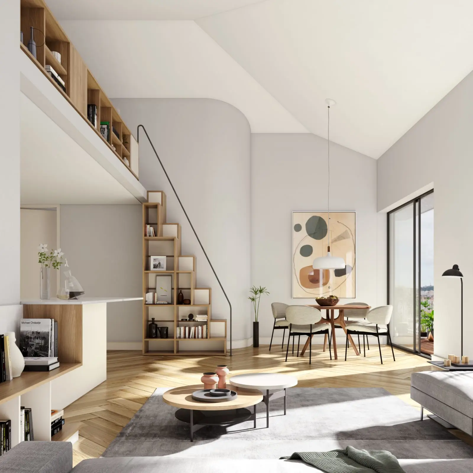 Double-height living room with staircase in a Velocity apartment