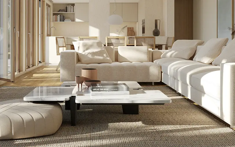 Velocity Zen – living room with white sofas