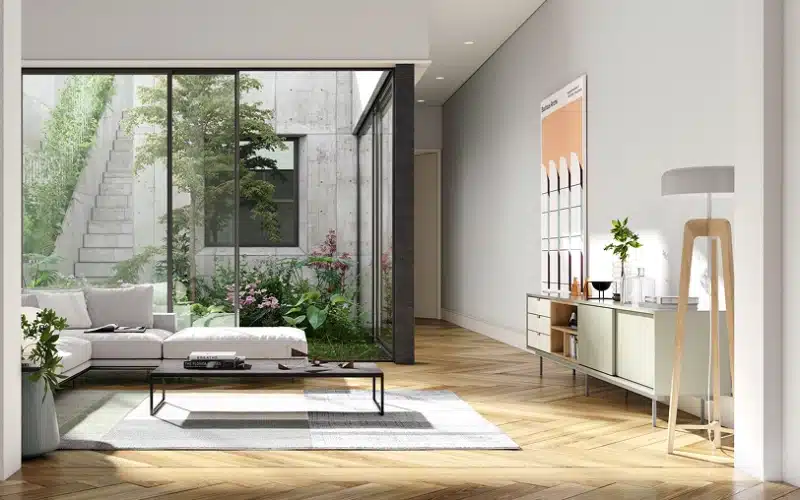 Velocity Downtown – living room opening onto a private patio