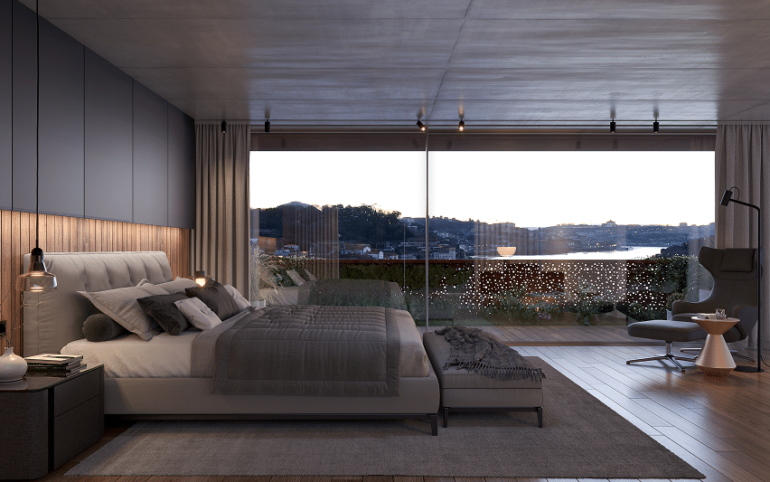 Velocity Lugan – bedroom with floor-to-ceiling windows over the Douro river